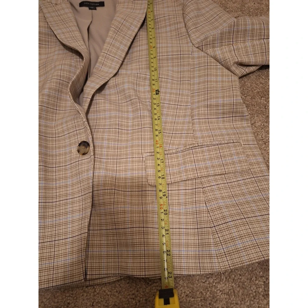Ann Taylor Womens 16P Petite Plaid Blazer Tan Blue Single Button Workwear Jacket